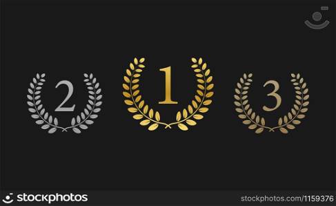 Gold, Silver, Bronze - First, Second and Third Places. Award laurel. Vector stock illustration. Gold, Silver, Bronze - First, Second and Third Places. Award laurel. Vector stock illustration.