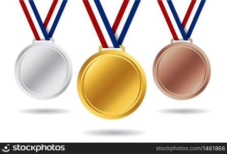 Gold, silver, bronze medals. 3d award medal for 1st, 2nd, 3nd place. Blank insignia of medal with red, white, blue ribbon for victory of winner. Champion reward. Design honor medal isolated. vector. Gold, silver, bronze medals. 3d award medal for 1st, 2nd, 3nd place. Blank insignia of medal with red, white, blue ribbon for victory of winner. Champion reward. Design honor medal isolated.
