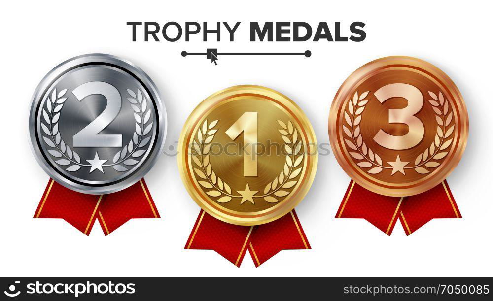 Winner Gold, Silver, Bronze Medals Set Vector. Metal Realistic Badge ...