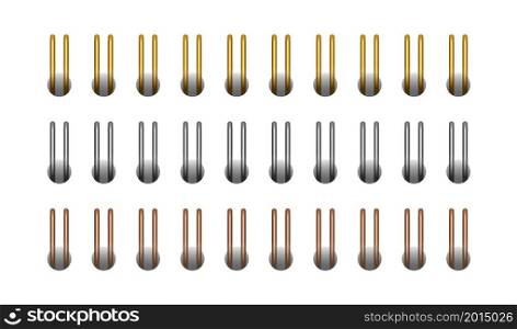 Gold, silver, copper and horizontal spiral for open notebook and calendar. Gold spiral wire bindings for sheets of paper. Set vector illustration isolated on realistic style on white background.. Gold horizontal spiral for open notebook and calendar. Gold spiral wire bindings for sheets of paper. Set vector illustration isolated on realistic style on white background