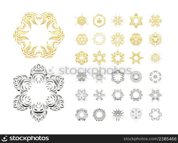 Gold, silver mandala on background. Traditional golden, silver decor. Ornamental lace pattern