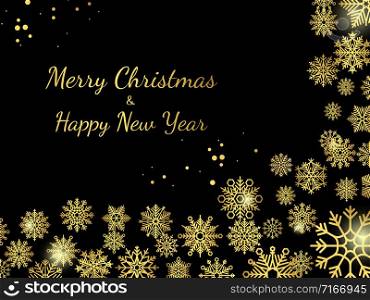 Gold snowflakes background vector template. Christmas banner design. Gold snowflakes background