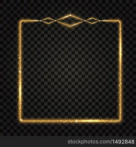 Gold square frame. Golden glow glittering effect, neon shine, light particles and star dust. Design element, border. Isolated on dark transparent background. Vector illustration