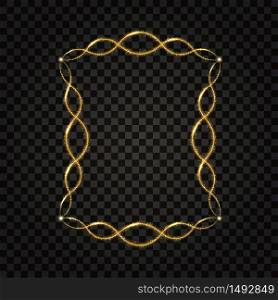 Gold square frame. Golden glow glittering effect, neon shine, light particles and star dust. Design element, border. Isolated on dark transparent background. Vector illustration