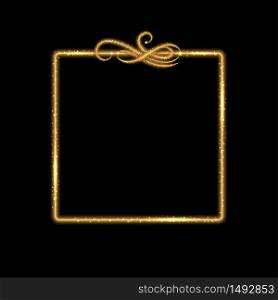 Gold square frame. Golden glow glittering effect, neon shine, light particles and star dust. Design element, border with vintage flourish. Isolated on black background. Vector illustration
