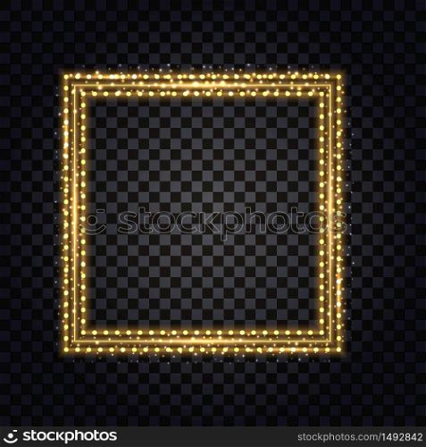 Gold square frame with glowing glitter effect. Isolated design element on transparent background with light shine, golden border for photo or poster. Vector illustration