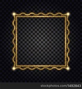 Gold square frame with glowing glitter effect. Isolated design element on transparent background with light shine, golden border for photo or poster. Vector illustration