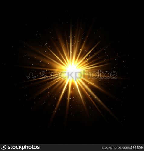 Gold star burst. Golden light explosion isolated on dark background vector illustration. Effect star and sparkle, flash and shine golden. Gold star burst. Golden light explosion isolated on dark background vector illustration