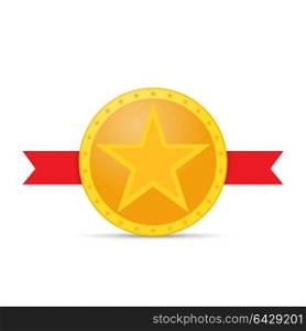 Gold star medal and red ribbon .. Gold star medal and red ribbon on white background. Vector illustration .