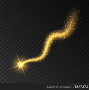 Gold stardust light trail with shining star isolated on transparent background. Comet with glowing magic particles. Shiny Christmas confetti or luxury vector decoration.. Gold stardust light trail with shining star isolated on transparent background. Comet with glowing magic particles.