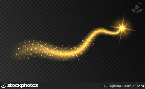 Gold stardust light trail with shining star isolated on transparent background. Comet with glowing magic particles. Shiny Christmas confetti or luxury vector decoration.. Gold stardust light trail with shining star isolated on transparent background. Comet with glowing magic particles.