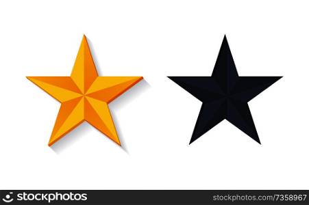 Gold stars in 3D design vector golden and silver color isolated. Empty sign for rating appreciation, realistic element for evaluation level of service. Gold Stars in 3D Design Vector Golden Silver Color