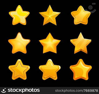 Gold stars of game ranking, vector set of user interface, ui, gui rate. Cartoon golden star, rating medal or winner award, achievement bonus and level complete trophy with shiny ribs isolated objects. Gold stars of game ranking set of user interface