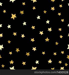 Gold Stars Seamless Pattern. Scattered glitter stars on black night sky background,Vector illustration,. Gold Glitter Stars Seamless Pattern - Scattered gold glitter stars on faded navy blue background seamless pattern