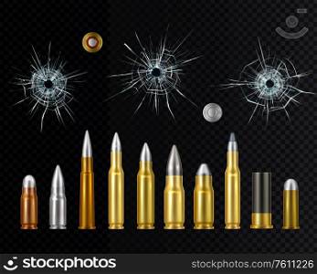 Gold steel and copper weapon ammo realistic set with bullet holes on dark transparent background vector illustration