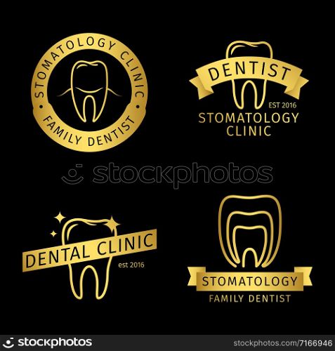 Gold stomatology, dental clinic line vector logo templates on black background. Medical dentist, stomatology logotype illustration. Gold stomatology, dental clinic line vector logo templates on black background
