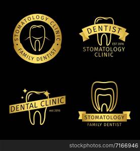 Gold stomatology, dental clinic line vector logo templates on black background. Medical dentist, stomatology logotype illustration. Gold stomatology, dental clinic line vector logo templates on black background