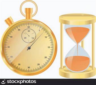 Gold stopwatch and hourglass