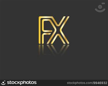 Gold stylized lowercase letters F and X with reflection connected by a single line for logo, monogram and creative design. Vector illustration isolated on black.