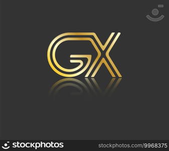 Gold stylized lowercase letters G and X with reflection connected by a single line for logo, monogram and creative design. Vector illustration isolated on black.