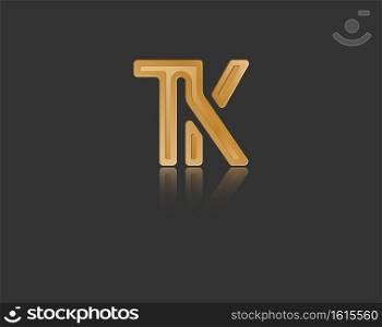 Gold stylized lowercase letters T and K with reflection connected by a single line for logo, monogram and creative design. Vector illustration isolated on black.