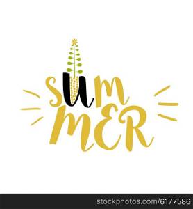 Gold SUMMER inscription on a white background with the germ. The concept of summer &#xA;growth. Plant with golden letters. Hand lettering. Stock vector