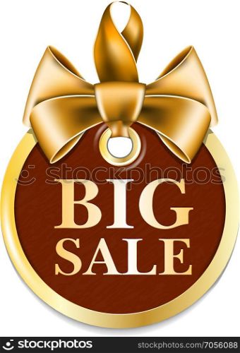 Gold tag sale. Round tag with gold bow on white background