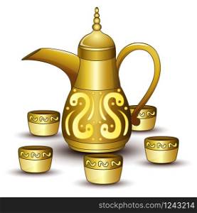 Gold teapot cartoon with some cup
