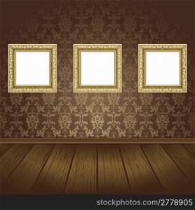 Gold three frames on the wall with black wallpaper