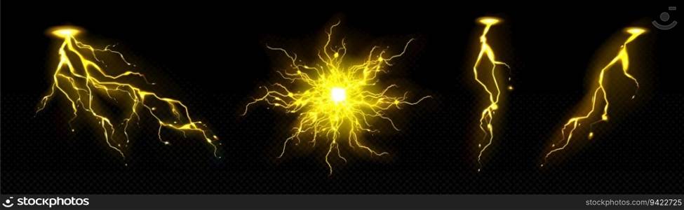 Gold thunder energy light and electric circle magic vector illustration. 3d realistic plasma sphere and power explosion. Neon isolated thunderstorm crack discharge. Flash burst with yellow glow. Gold thunder energy light and electric circle