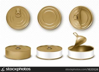 Gold tin cans, fish or pet food mockup with pull ring top and front view. Closed and open empty yellow canned round open key metal jars, isolated aluminium preserve canisters, Realistic 3d vector set. Gold tin cans, fish or pet food with pull ring set