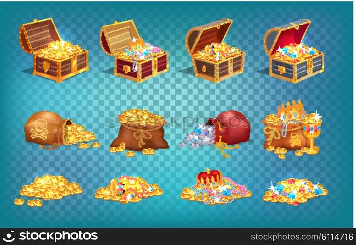 Gold Treasures in Old Wooden Chest and Fabric Bag. Gold treasures with expensive diamonds and luxury crowns in old wooden chest and fabric bags isolated vector illustrations on transparent background.