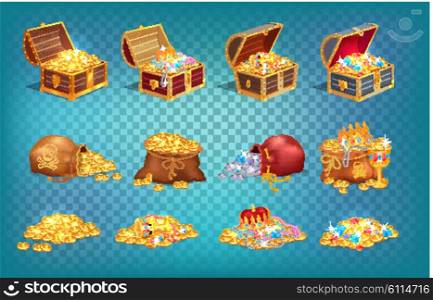Gold Treasures in Old Wooden Chest and Fabric Bag. Gold treasures with expensive diamonds and luxury crowns in old wooden chest and fabric bags isolated vector illustrations on transparent background.