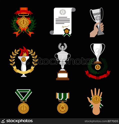 Gold trophy, award, goblet, medal and prize icons set. For winner, champion. Flat vector isolated elements for game, sport, website.. Gold trophy, award, goblet, medal and prize icons set.