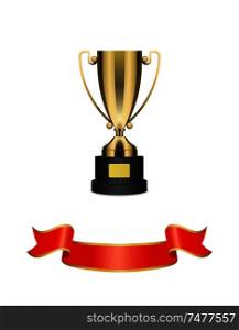 Gold trophy cup with red ribbon vector decoration icon. Shiny goblet with curly handles on pedestal, with glossy shaped and scroll string at bottom. Gold trophy cup with red ribbon vector decoration
