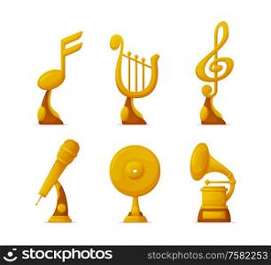 Gold trophy cups in art industry, music awards isolated vector. Notes and harp, microphone and vinyl disc, gramophone shapes, contest rewards and prizes. Music Awards or Gold Trophy Cups in Art Industry