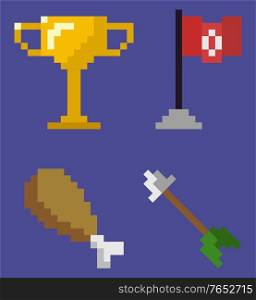 Gold trophy pixel game icons vector, isolated set of chicken leg with bone, arrow with metal pointer and flag with symbol on pole, 8 bit graphics flat style. Trophy and Flag on Pole, Chicken and Arrow Set