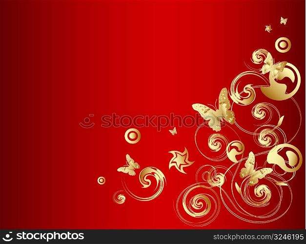Gold vector butterfly with ornate over red background