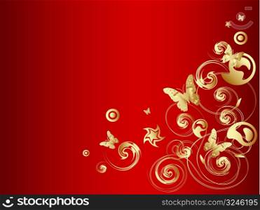 Gold vector butterfly with ornate over red background