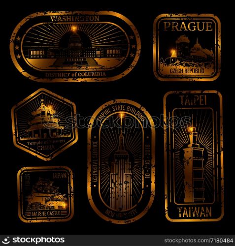 Gold vintage travel stamps with major monuments and landmarks isolated on black illustration. Gold vintage travel stamps with monuments and landmarks