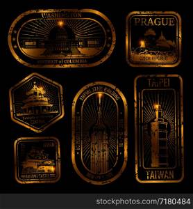 Gold vintage travel stamps with major monuments and landmarks isolated on black illustration. Gold vintage travel stamps with monuments and landmarks