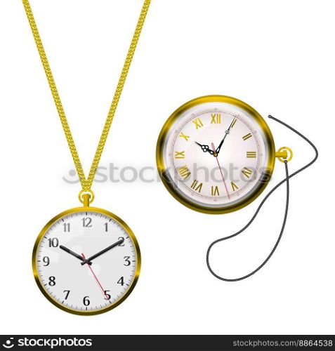 Gold watch on a chain and string. Roman numerals, arabic numerals. 3D realistic vector illustration isolated on white background.. Gold watch on a chain. Roman numerals, arabic numerals. 3D realistic vector illustration isolated on white