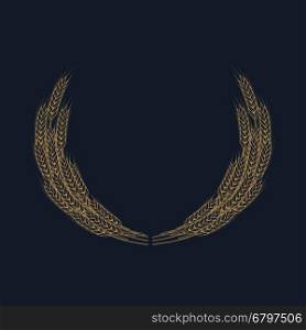 Gold wheat wreath on blue background. Design element for label, badge, sign, emblem. Vector illustration.