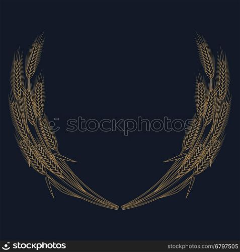 Gold wheat wreath on blue background. Design element for logo, label, emblem, sign. Vector illustration.