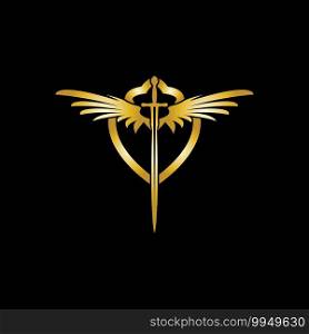 Gold winged sword with shield vector icon.