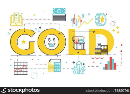 Gold word lettering illustration for education concept. Design in modern style with related line icons ornament concept for ui, ux, web, app banner illustration
