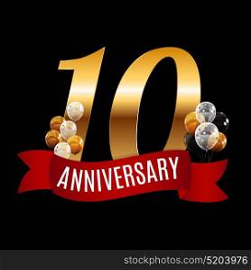 Golden 10 Years Anniversary Template with Red Ribbon Vector Illustration EPS10. Golden 10 Years Anniversary Template with Red Ribbon Vector Illu