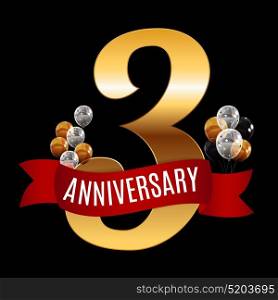 Golden 3 Years Anniversary Template with Red Ribbon Vector Illustration EPS10. Golden 3 Years Anniversary Template with Red Ribbon Vector Illus