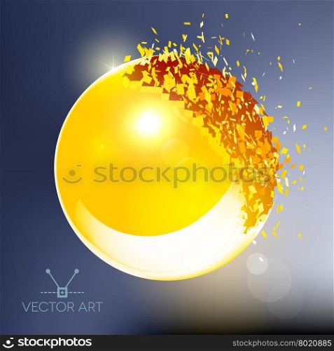 Golden 3D ball with flares exploded into messy pieces