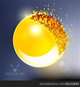 Golden 3D ball with flares exploded into messy pieces